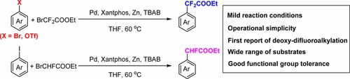 Palladium-Catalyzed Cross-Coupling of Ethyl Bromodifluoroacetate with Aryl Bromides or Triflates and Cross-Coupling of Ethyl Bromofluoroacetate with Aryl Iodides