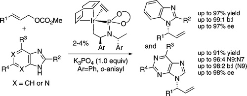 Regio- and Enantioselective&nbsp;<i>N</i>-Allylations of Imidazole, Benzimidazole, and Purine Heterocycles Catalyzed by Single-Component Metallacyclic Iridium Complexes