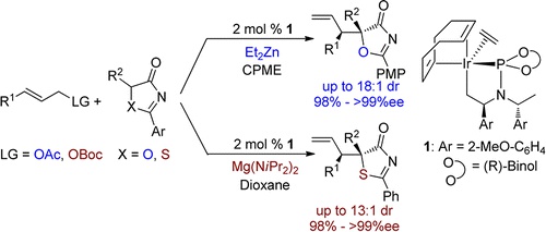 Cation Control of Diastereoselectivity in Iridium-Catalyzed Allylic Substitutions. Formation of Enantioenriched Tertiary Alcohols and Thioethers by Allylation of 5H-Oxazol-4-ones and 5H-Thiazol-4-ones