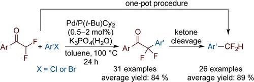 Pd-Catalyzed α‐Arylation of α,α-Difluoroketones with Aryl Bromides and Chlorides. A Route to Difluoromethylarenes
