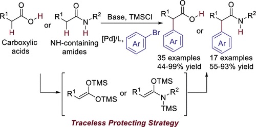 Palladium-Catalyzed α-Arylation of Carboxylic Acids and Secondary Amides via a Traceless Protecting Strategy