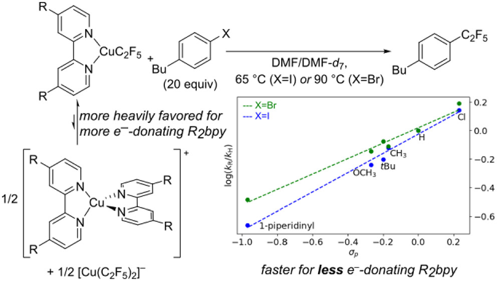 Unusual Electronic Effects of Ancillary Ligands on the Perfluoroalkylation of Aryl Iodides and Bromides Mediated by Copper(I) Pentafluoroethyl Complexes of Substituted Bipyridines